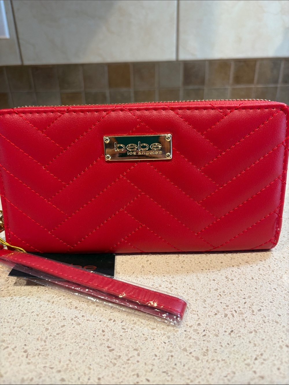 bebe Quilted Red Wristlet Clutch with Gold Hardware